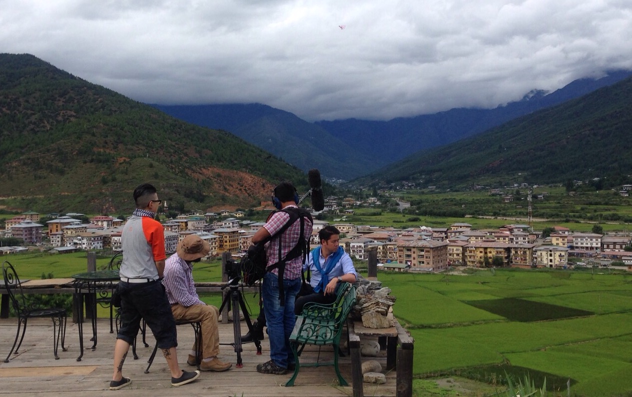 Filming the final scene of City Time Travellers 2 - Bhutan in Paro - over looking Paro Valley